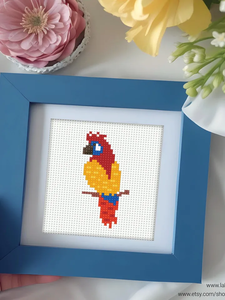 Mini Parrot bird Cross stitch pattern, contemporary, Abstract, tropical, beginner counted, modern chart, gift DIY, embroidery, instant PDF