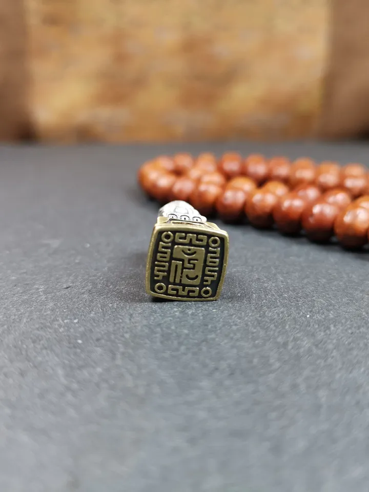 Gandhanra Tibetan Buddhism Seal Amulet,Snow Lion Shape with Kalachakra Symbol,Handmade of Silver and Brass, 0.9"
