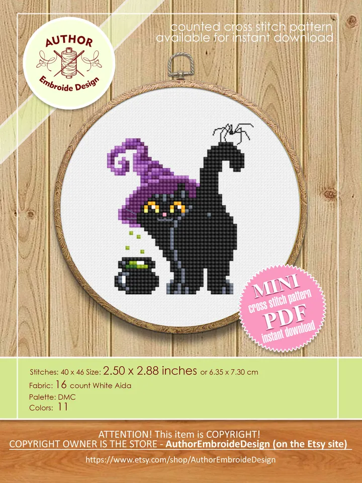Set Halloween cats cross stitch pattern PDF download Cute black cat embroidery PDF, Ghost cat cross stitch chart, Funny home cat decor #H63