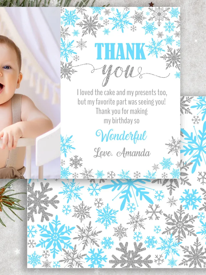 Winter Onederland Thank you card with photo, Winter Onederland Birthday Boy Decorations, Blue Silver Snowflake Note Card editable template