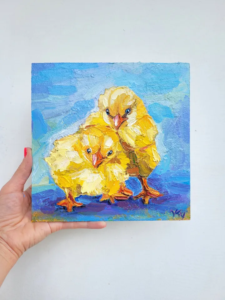 Chick Painting Baby Shower Gift Original Impasto Oil Painting 8x8 Chicken Painting Family Portrait Animal Painting Nursery Decor Bird Art by ArtFromVictoria