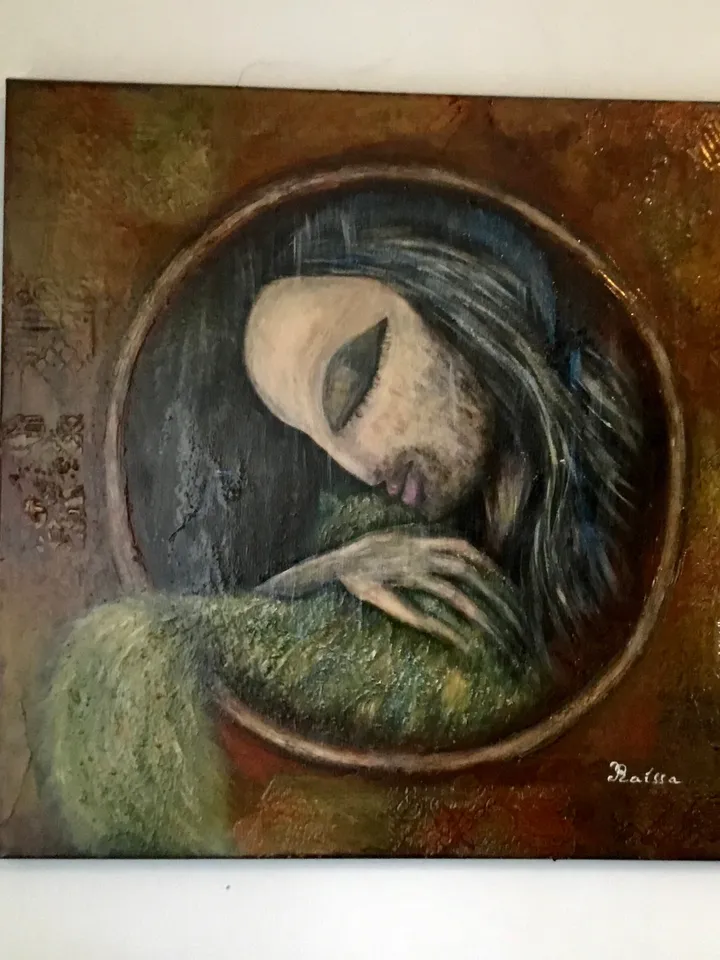 One of a kind painting- fantasy man with a green cat,original acrylic painting.Stretched canvas.