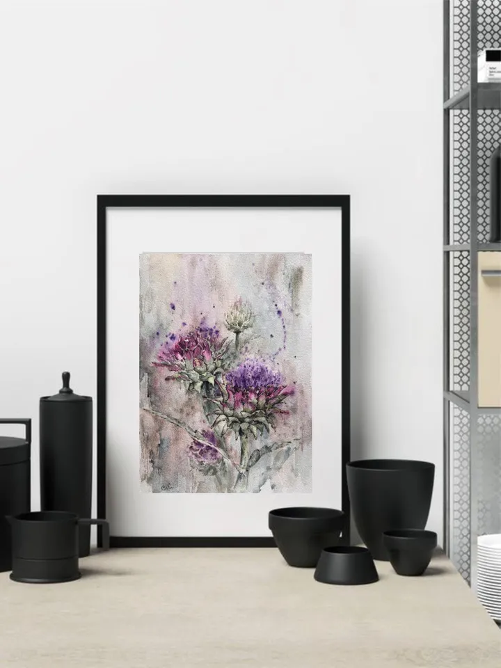 Artichoke Art Flowers Original Painting Wildflowers Wall Art  Meadow Painting