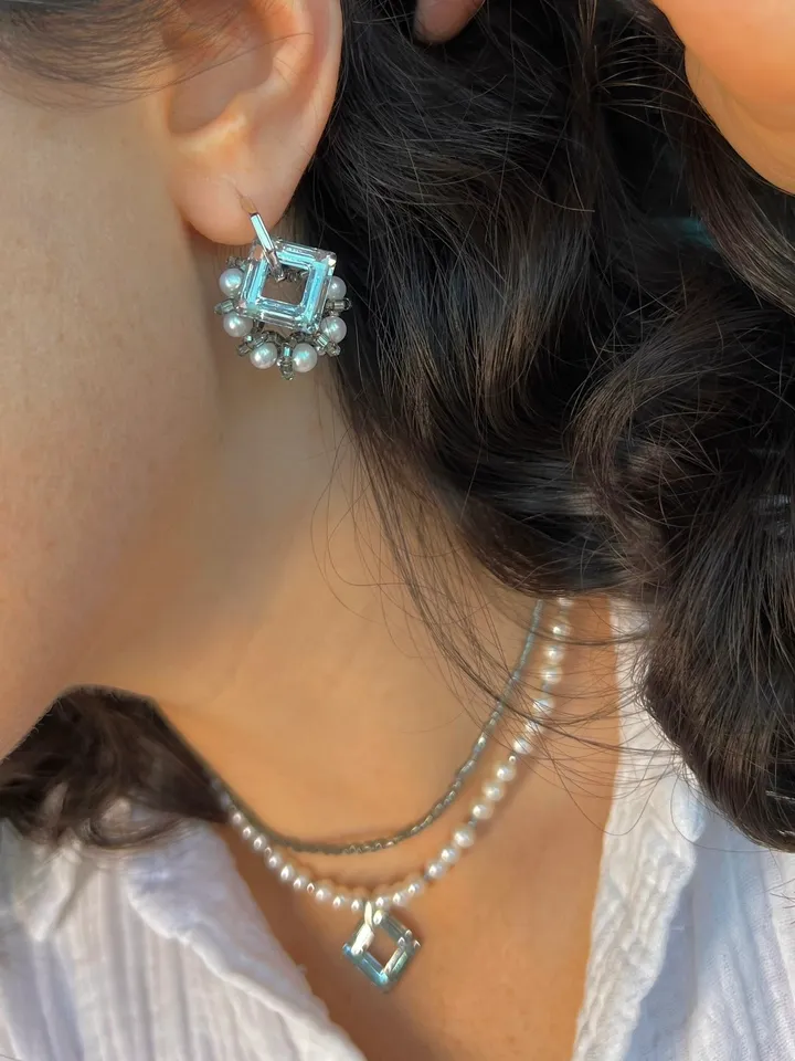 Pearl Silver 925 Jewelry Set Necklace Earrings RHOMBUS
