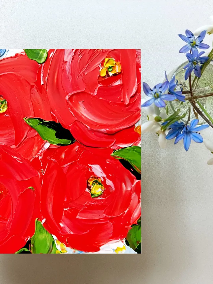 Peony Painting Red Flowers Original Art Red Floral Wall Art Small Impasto Oil Painting Christmas Gifts by ArtProkopaloSv