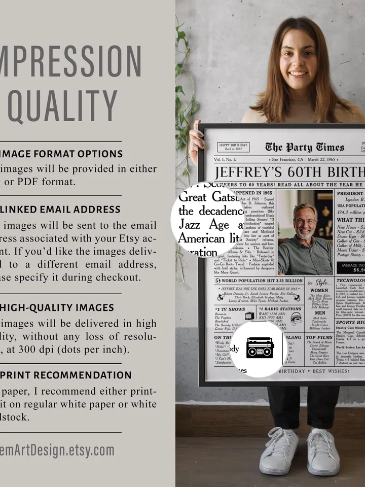 60th Birthday Newspaper Poster, 60th Birthday Gift for Dad or Husband, 1965 Birthday Sign, 60 Years Ago Back in 1965