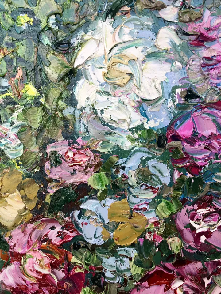 Flower garden,original oil impasto painting on canvas,floral landscape painting,pink white flowers painting on large canvas,wall decoration
