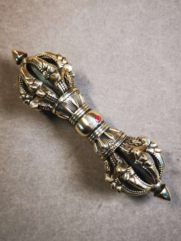 Gandhanra Antique Tibetan Trantic Practitioner Ritual Implements,Nine Pronged Vajra & Kartika(knife of the dakinis), Made of Brass