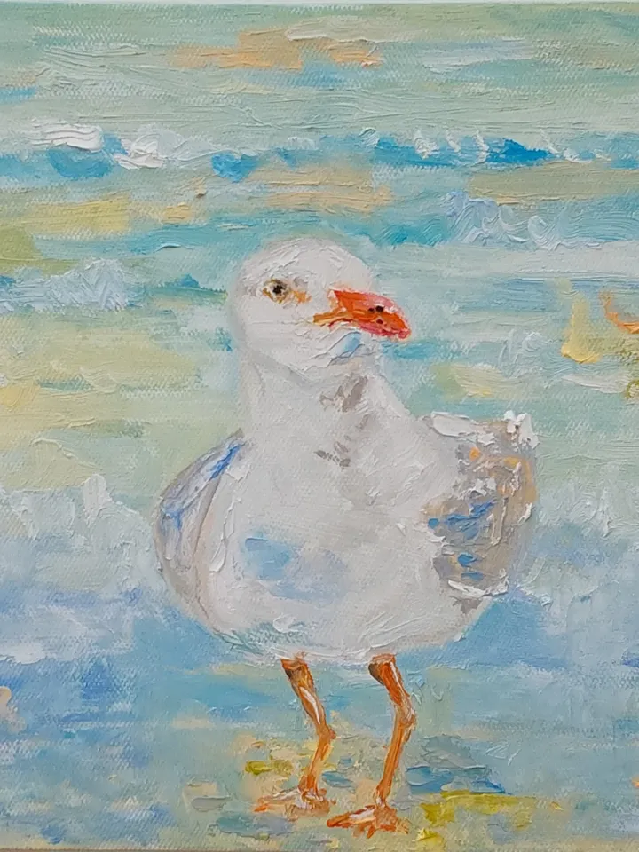 Oil painting on canvas 20x20cm (8x8 inches) "Seagull and sea"