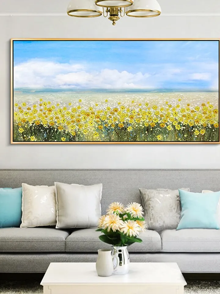 oil painting flower on canvas, original flower painting,yellow flower painting, blue sky painting, landscape painting,living room wall art