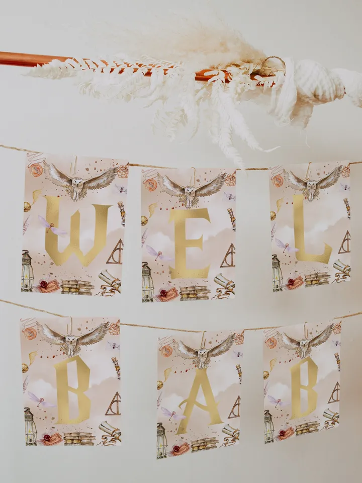 Welcome Baby Banner; Letters Baby Shower Banner;  Wizarding World Baby Shower Banner;Magic School Baby Shower editable template; WP66