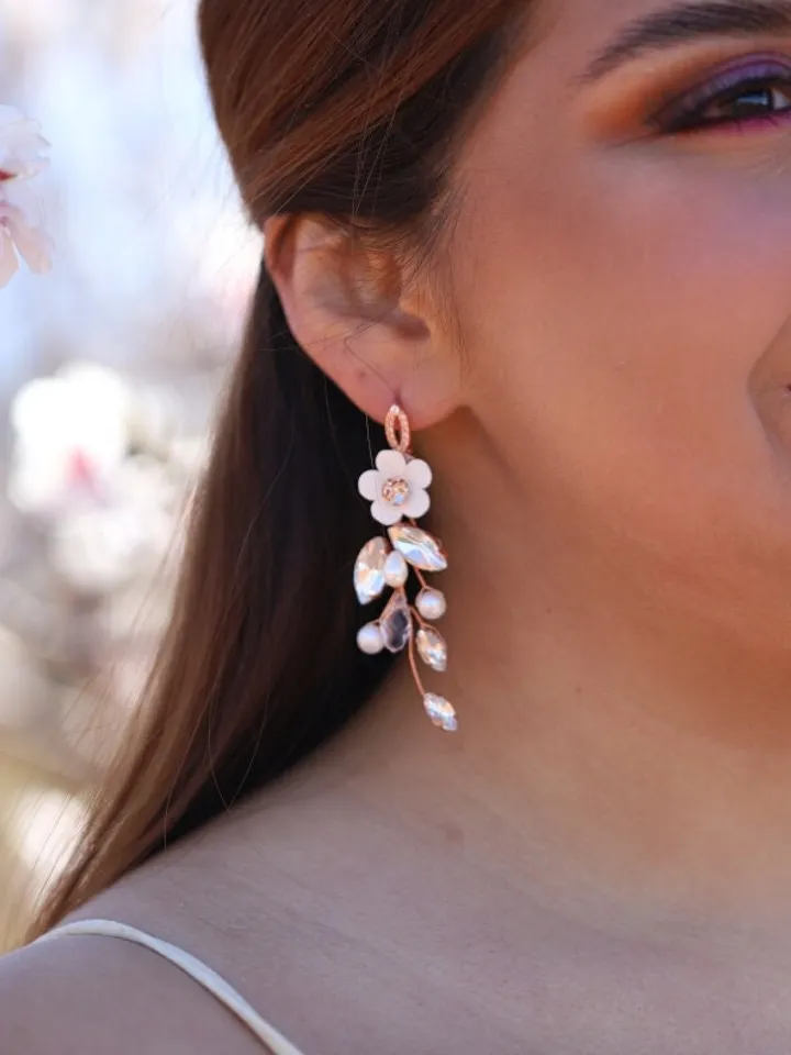 Rose Gold Delicate Porcelain Flower Wedding Earrings, Long Boho Wedding Earrings, Pearl Bridal Jewelry, Floral Chandelier Statement Earrings