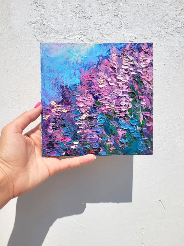 Lavender Painting Flower Original Art Impasto Oil Painting 6.7x6.7 Meadow Landscape Painting Floral Wall Art Painting Abstract Flower Art by ArtFromVictoria