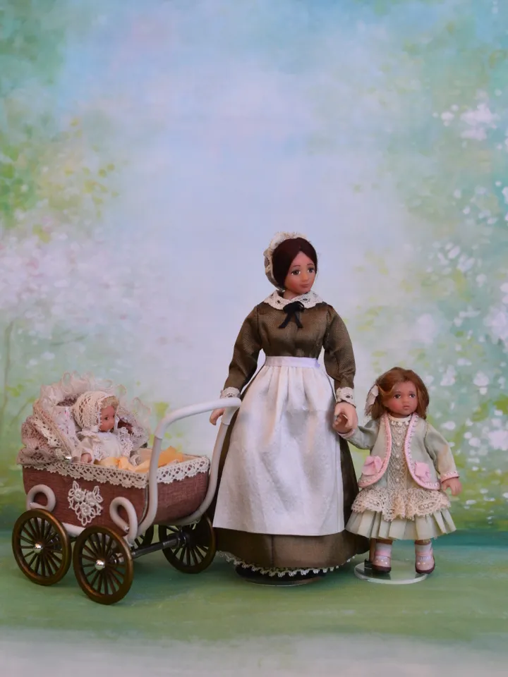 Miniature nanny doll for Victorian dollhouse in 1/12th scale.