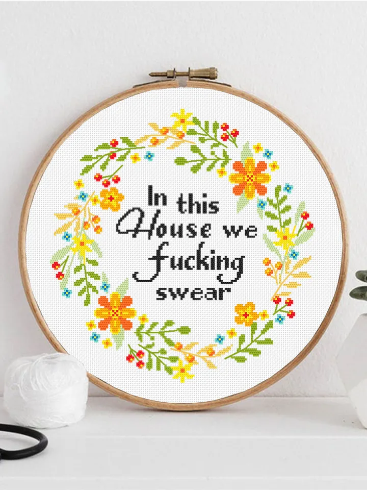 Framed quote cross stitch pattern Flower wreath cross stitch Instant download PDF, Floral frame design, In this house we fucking swear #Q24