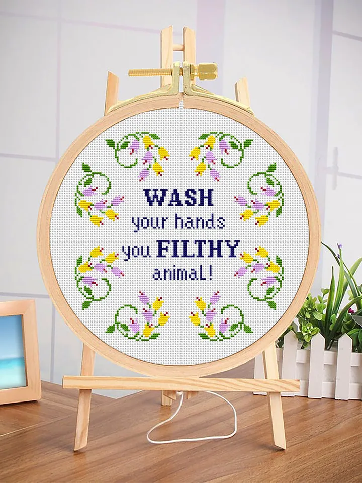 Snarky cross stitch pattern PDF download Wash your hands Funny cross stitch design Floral wreath xstitch chart Framed quote embroidery #Q27