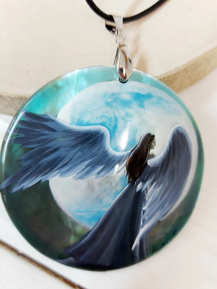 Mother-of-pearl Russian necklace "Angel". Russian lacquer miniature. An elegant gift for Mom. Pendant necklace with Russian hand-painted.
