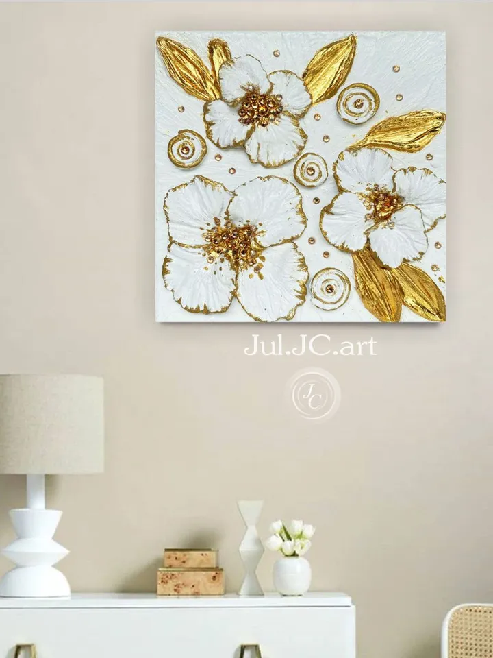 Gold and White Floral artwork with crystals | Poppy Textured painting Flower original art by Juliya JC