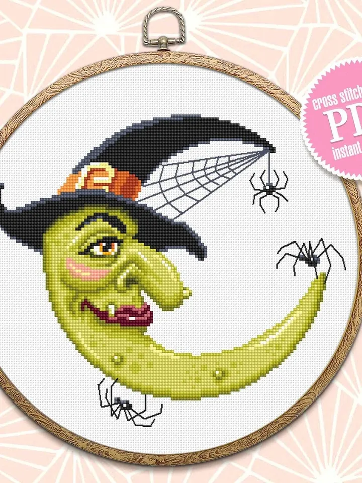 Crescent moon witch cross stitch pattern download PDF, Halloween moon cross stitch chart, Magic witch hat cross stitch Halloween spider #H43