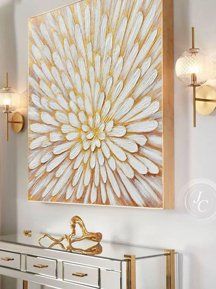 Gold and White Floral Wall Art Abstract Original Painting Textured artwork Modern wall decor