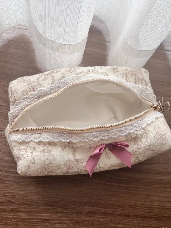 Bunny makeup bag, Girly cosmetic bag, personal items holder, with a cute lace detail