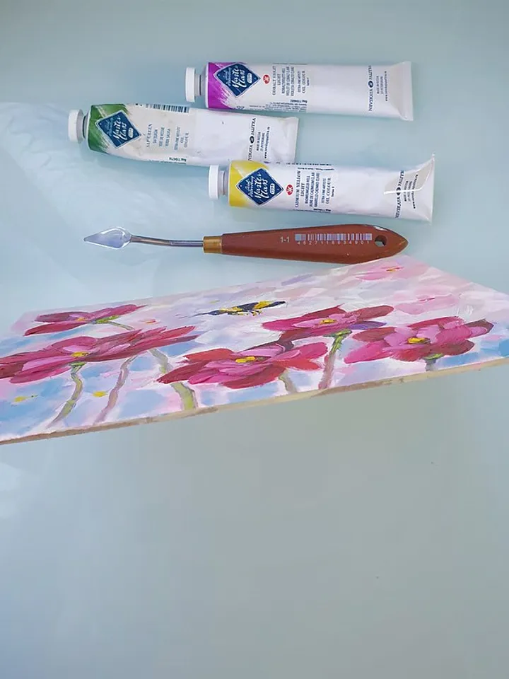 Bee Painting Pink Flowers Original Art Floral Wall Art Small Oil Painting
