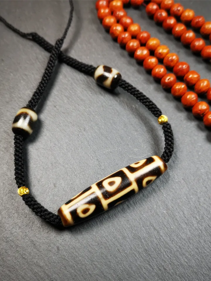 Gandhanra Antique Tibetan 9 Eyed Bodhi Dzi Bead Necklace, 2.1" x 0.51", 40 Years Old