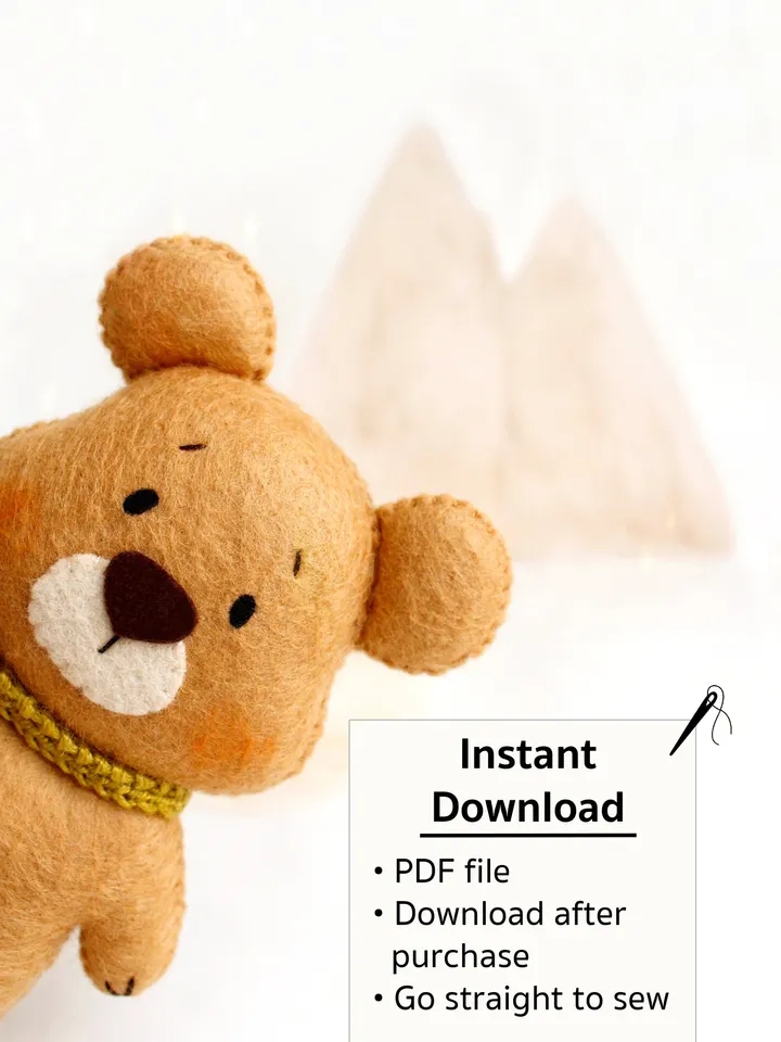 Felt woodland bear hand sewing PDF tutorial with patterns. DIY forest animal pattern. Soft bear toy template