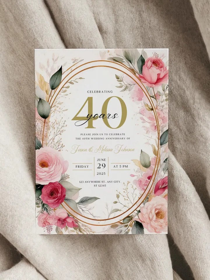40th Anniversary Party Invitation, 45th, 50th, 60th, 70th, Blush Pink Canva Template 5x7 birthday invitation & evite digital invitation
