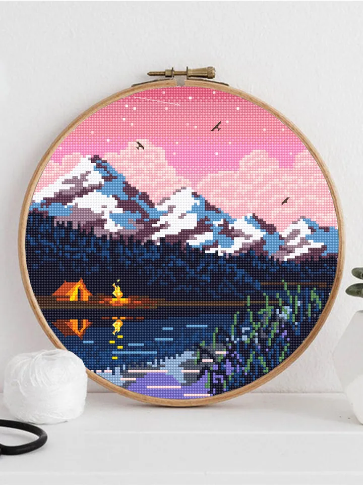 Nature cross stitch pattern download PDF Night sky xstitch chart Mountain landscape cross stitch Tent camping cross stitch Home decor #L3