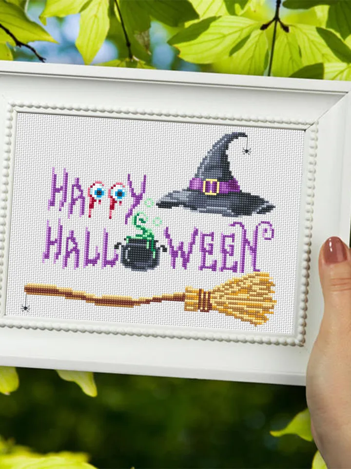 Happy Halloween cross stitch pattern PDF download Witch cross stitch chart, Halloween pattern digital PDF Witch hat Halloween embroidery #H3