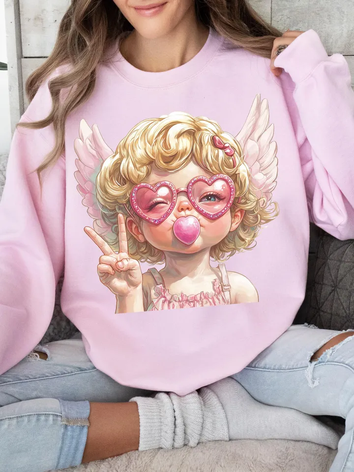 Retro Cupid Valentines Day Blowing Bubble PNG, Vintage Valentines Day png, Funny Cupid With Sunglasses png, Valentines Day png, Cupid png