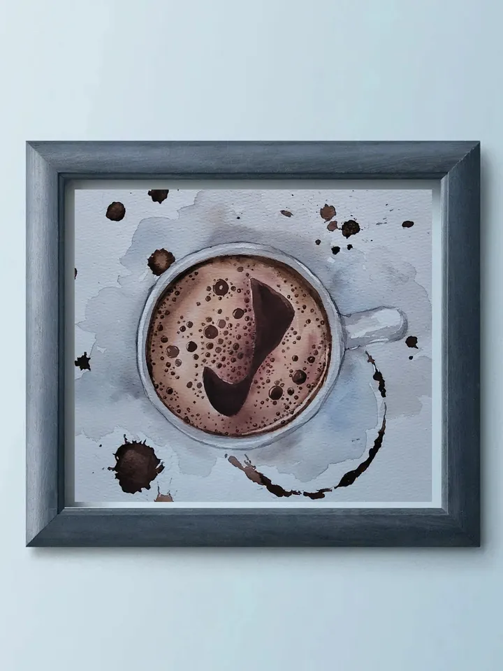 Black Coffee Cup Art Handmade Coffee Artwork Coffee Lover Gift Kitchen Decor Original Watercolor Painting Unique Wall Art 8,27x11,42 in