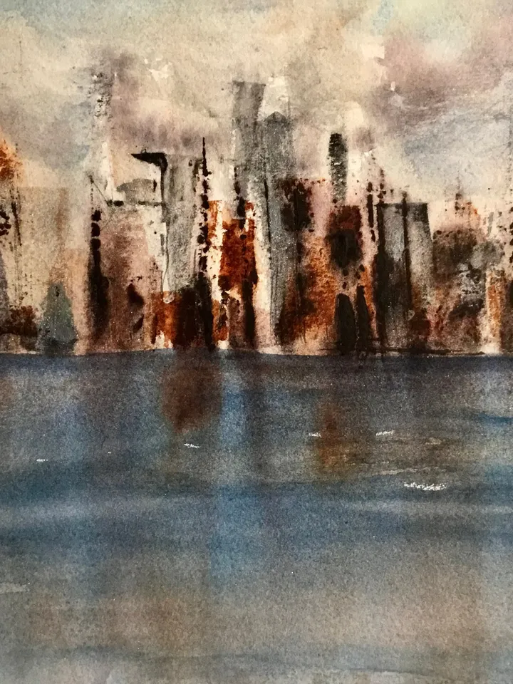 Semi-Abstract watercolour cityscape,original watercolour painting,cityscape wall art,seascape,skyline,skyscapes,blue grey copper painting