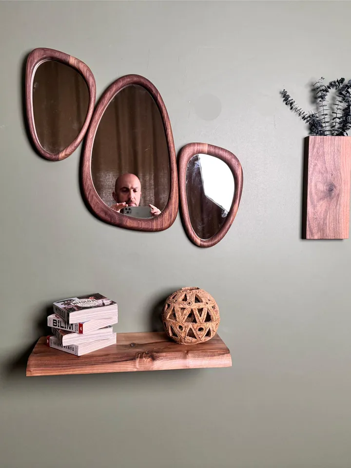 Walnut Framed Mirror,Mid Century Mirror,Organic Mirror,Wood Framed Mirror,İrregular Mirror,Asymmetrical Mirror,Mirror Wall Decor,Curved