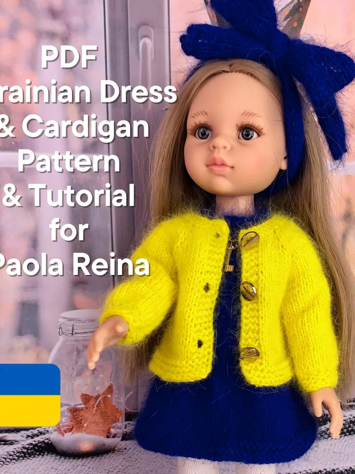 Ukrainian Dress and Cardigan PDF knitting pattern & tutorial for 13'' doll, Paola Reina Ruby Red Les Cheries, Boneka, english tutorial