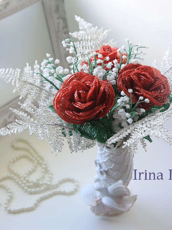 French Beaded Rose, fern and lilies of the valley | Beaded Flowers pattern | Seed bead patterns | Beading tutorial