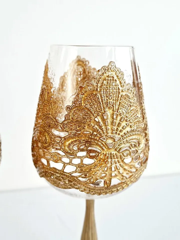 Wedding Glass Set Handcrafted, Elegant Golden Patterns, Art Glasses for Weddings