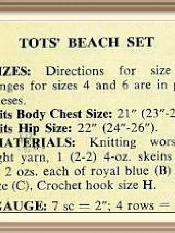Vintage Crochet Pattern Tots Beach Set Digital Download PDF