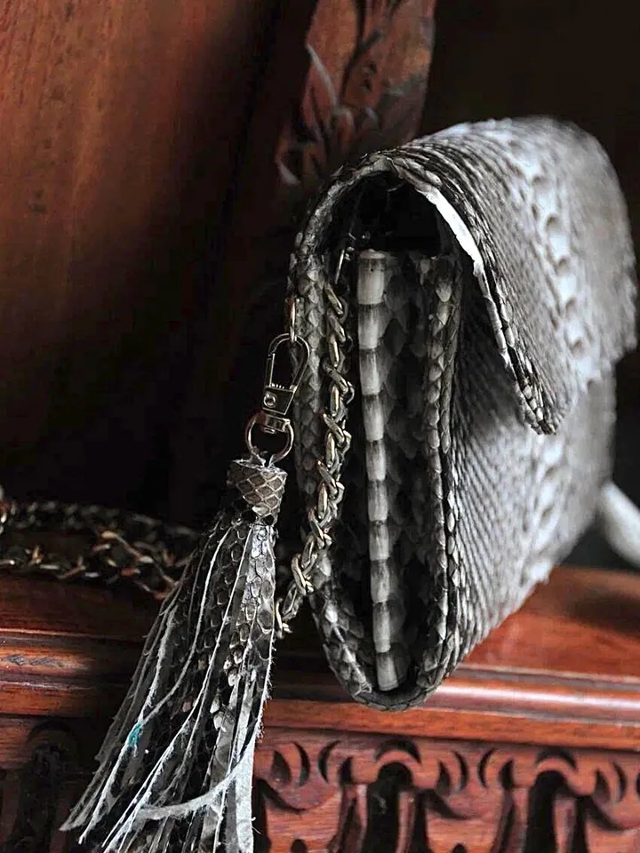 Genuine python skin classy grey flat clutch with shoulder chain | elegant evening women purse | designer leather bags | small snake bag