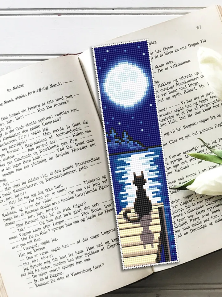 Bookmark cross stitch pattern download PDF Modern handmade bookmark digital Cute Black cat embroidery beginners Moon cross stitch chart #B60