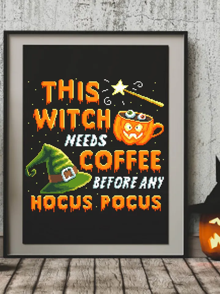 Halloween quotes cross stitch pattern download PDF Coffee cross stitch, Hocus pocus xstitch chart, Cute Halloween embroidery Witch hat #H20