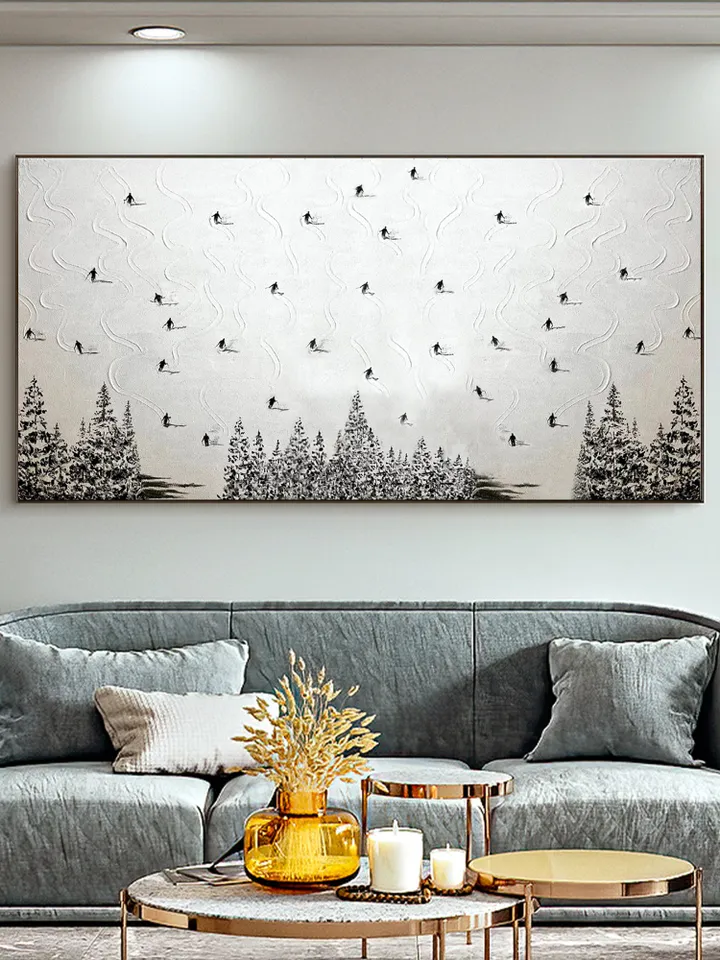 Large Original Ski Sport Painting on Canvas, Texture Wall Art, Skier on Snowy Mountain Art White Snow Skiing Art Custom Painting, Home Decor