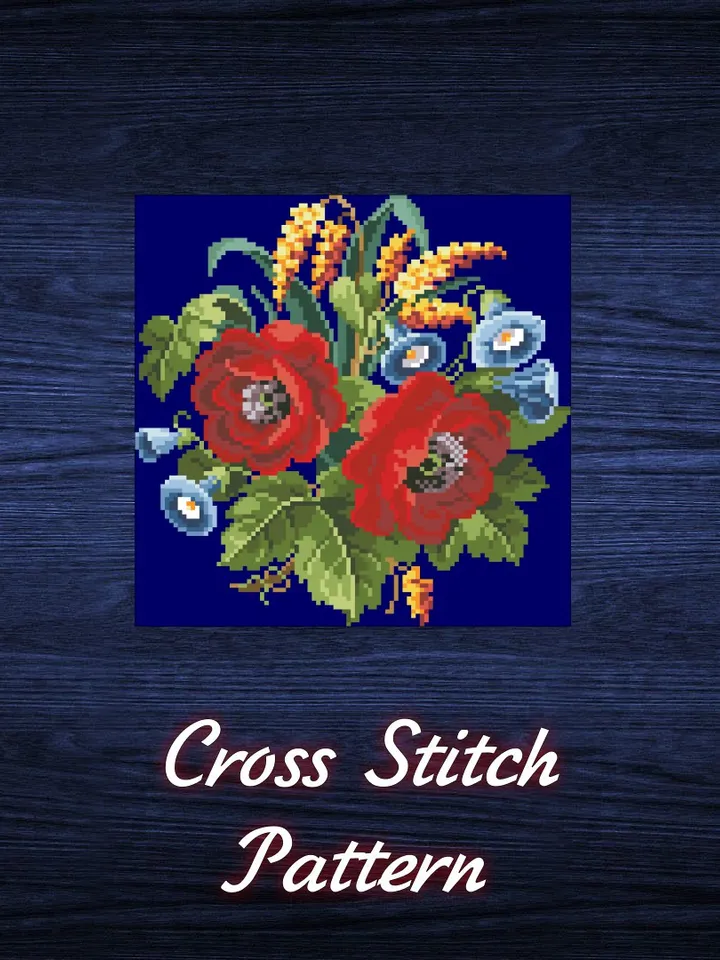 Antique Cross Stitch Pattern Poppies and Convolvulus Counted Digital Download PDF