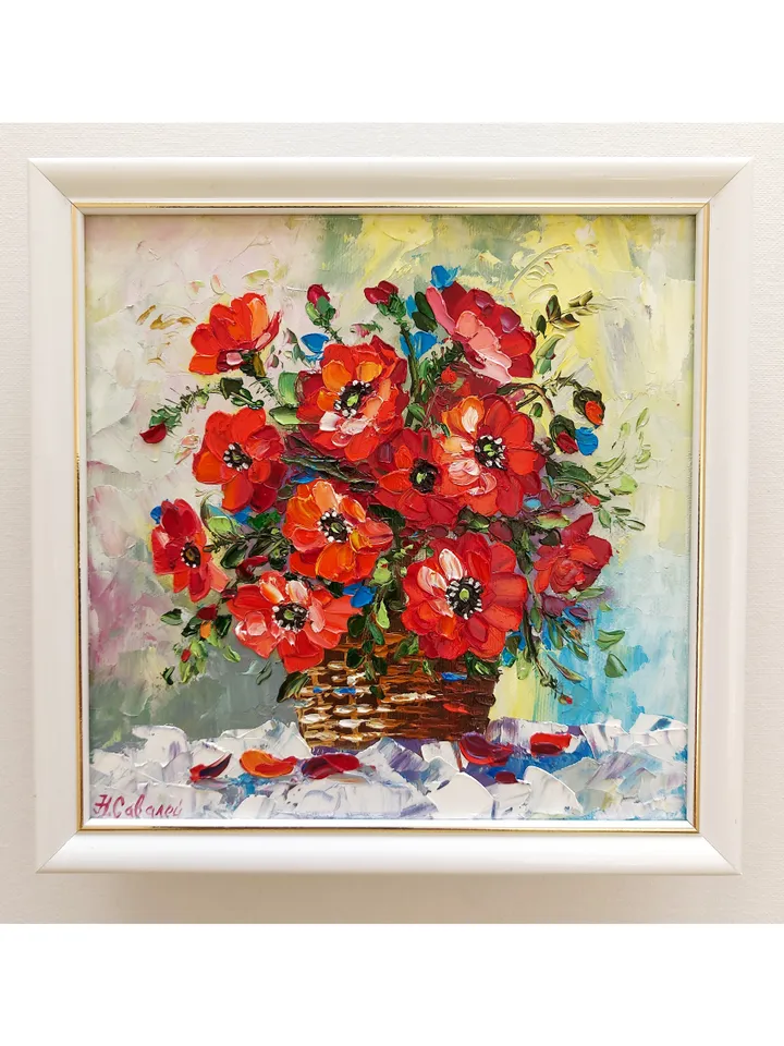 Original Oil Painting Poppies Bright Bouquet of Flowers 8" by 8" (20х20sm ) by OilPaintingNatali