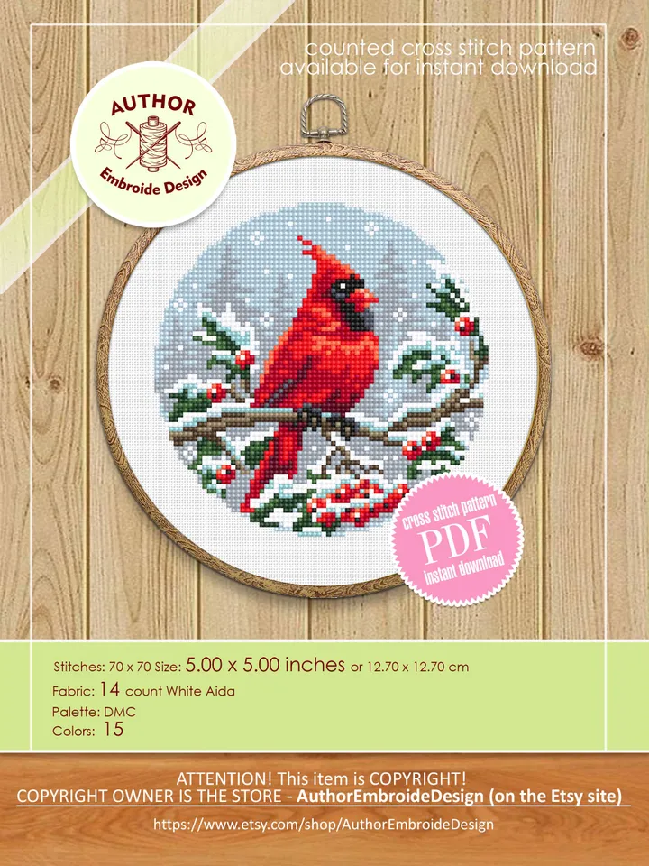 Christmas cardinal cross stitch pattern PDF download Red bird cross stitch chart, Christmas pattern digital PDF, Cardinal embroidery #N161