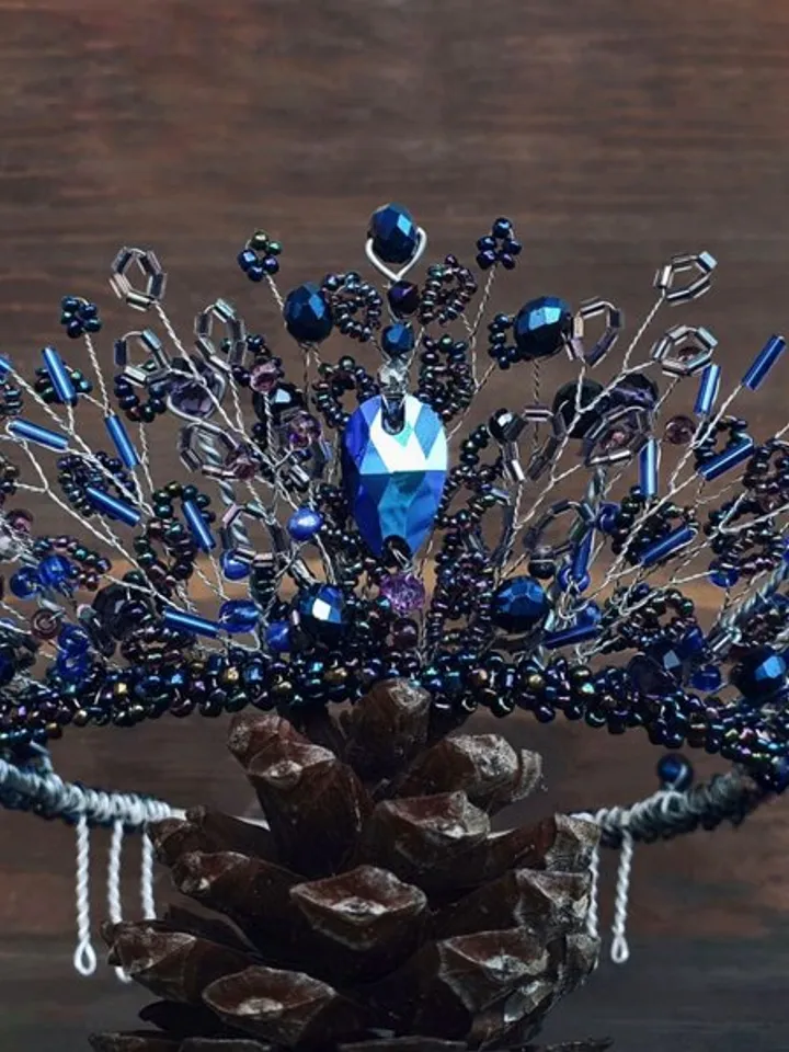 Dark blue crown, blue silver diadem, Dark blue tiara, Blue wedding accessories