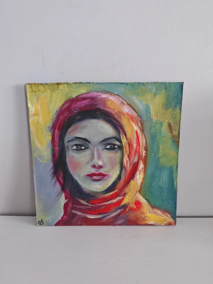 Girl Portrait Original Painting Girl In Red Scarf Original Art Girl In Red Scarf Modern Artwork Girl In Red Scarf Wall Decor Woman In Scarf Oil Painting 6x6 inches by OlgaSokolovaArt