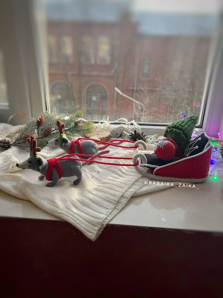 PDF Crochet Pattern SET Christmas Sleigh with Rats: Christmas sleigh, Amigurumi Rat, Christmas Tree, Amigurumi Sleigh, Christmas ornaments