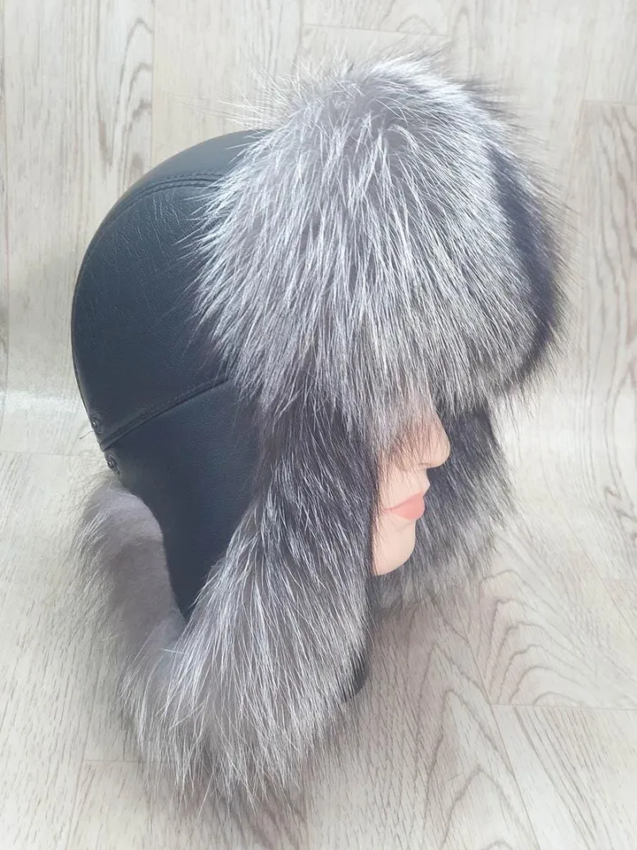 Men's silver fox hat, Winter hat for men, Genuine leather hat top, Fur hat with earflaps "Pilot". Warm men's hat